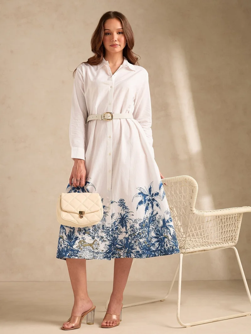 Outzidr  Off White Midi Printed Shirt Dress for Women | Best Price UAE